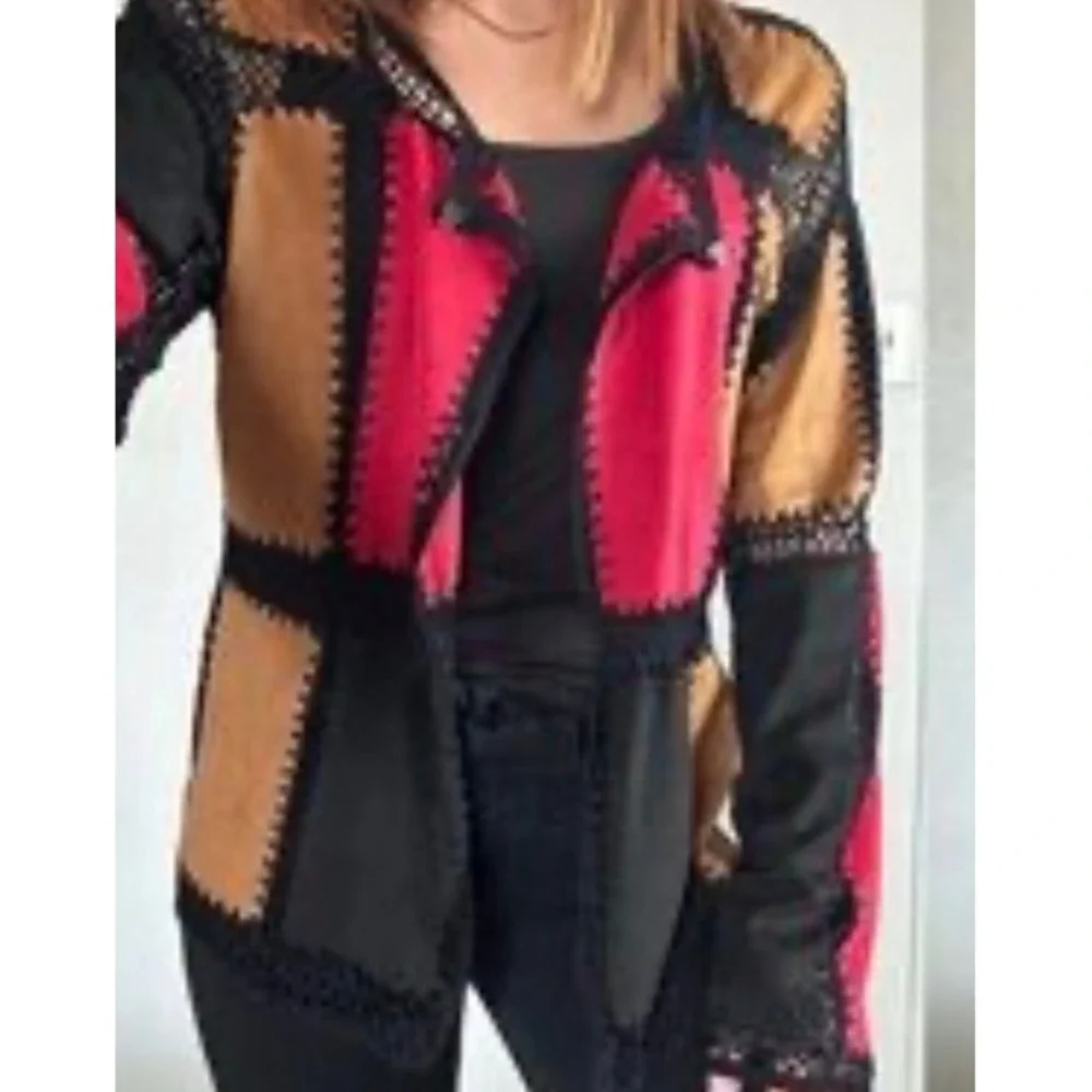 T&W‎ Designs Patchwork Crochet Faux Suede Open Front Cardigan Red Tan Black M/L